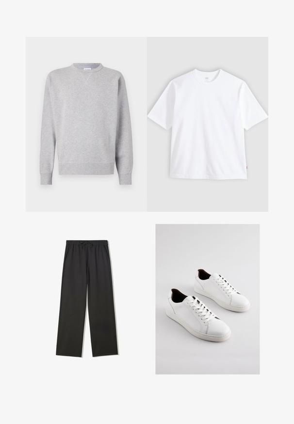 Grijze sweatshirt van zacht materiaal, met een ronde hals, lange mouwen, geribbelde manchetten en een rechte zoom. Geen zichtbare patronen of grafische elementen.; Wit T-shirt met korte mouwen van katoen, met een ronde hals en een rechte snit. Label zichtbaar op de onderste zijzoom.; Zwarte broek met elastische taille, trekkoord en zijzakken, voorzien van een losse pasvorm en rechte pijpen.; Witte lederen sneakers met een laag profiel, geperforeerde zijkanten, platte veters en een contrasterende bruine binnenvoering. Rubberen zool met een textuurpatroon.
