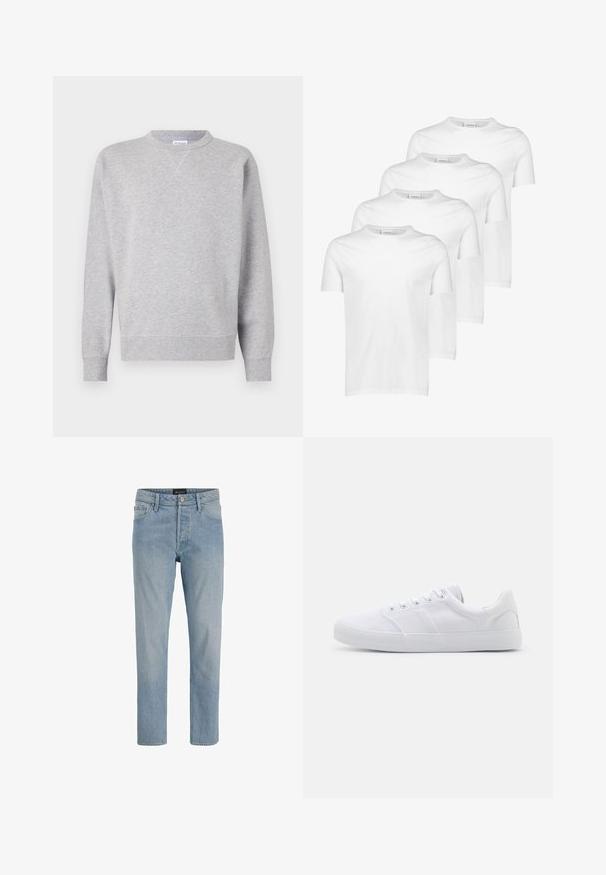 Grau Sweatshirt aus weichem Stoff, mit Rundhalsausschnitt, langen Ärmeln, gerippten Bündchen und geradem Saum. Keine sichtbaren Muster oder Grafiken.; Weiße Baumwoll-T-Shirts, kurze Ärmel, runder Ausschnitt, glatte Textur, vier Stück gestapelt mit einheitlichem Design und ohne Muster oder Akzente.; Hellblaue Denim-Jeans mit geradem Schnitt, fünf Taschen, Knopfverschluss und einem leicht ausgewaschenen Finish.; Weiße Leinenschuhe mit Gummisohle, ausgestattet mit sechs Ösen, einer strukturierten Zehenkappe und minimalistischer Gestaltung.