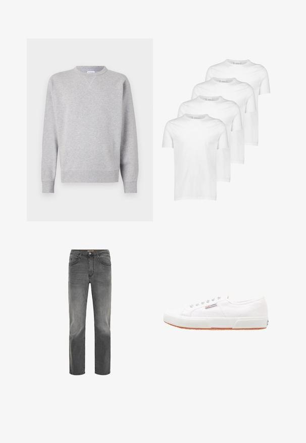 Grå sweatshirt lavet af blødt stof, med rund halsudskæring, lange ærmer, ribbede manchetter og lige kant. Ingen synlige mønstre eller grafik.; Hvide bomulds T-shirts, kortærmede, rund halsudskæring, glat tekstur, stableret i fire stykker med ensartet design uden mønstre eller accenter.; Drejede mænds jeans i falmet mørkegrå denim med frontlommer, bæltestropper og knappelukning.; Hvide kanvas sneakers med gummisål, snørebåndsdesign og et lille logo mærke på siden. Tekstureret hvid overdel og brun ydersål.