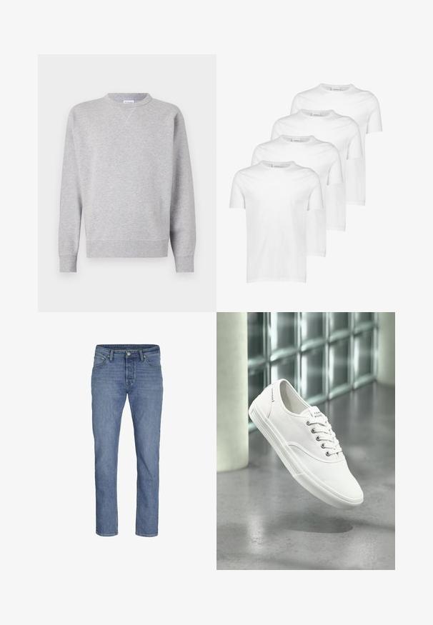 Grau Sweatshirt aus weichem Stoff, mit Rundhalsausschnitt, langen Ärmeln, gerippten Bündchen und geradem Saum. Keine sichtbaren Muster oder Grafiken.; Weiße Baumwoll-T-Shirts, kurze Ärmel, runder Ausschnitt, glatte Textur, vier Stück gestapelt mit einheitlichem Design und ohne Muster oder Akzente.; Hellblaue Jeans aus Denim mit geradem Bein, fünf Taschen und einem vorderen Knopfverschluss mit kontrastierenden Nähten.; Weißer niedriger Canvas-Sneaker mit Schnürsenkeln, beschriftet mit Tommy Hilfiger, schwebt über einem glatten grauen Boden nahe einer Glasbausteinwand.
