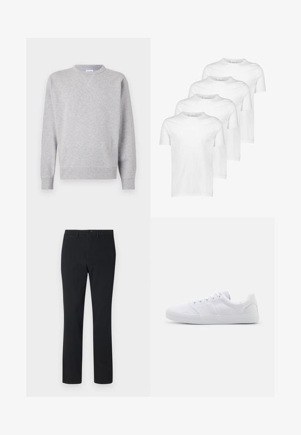 Sweatshirt gris en tissu doux, avec un col rond, des manches longues, des poignets côtelés et un ourlet droit. Aucune motif ni graphique visible.; T-shirts en coton blanc, à manches courtes, col rond, texture lisse, quatre pièces empilées avec un design uniforme et sans motifs ni accents.; Pantalons noirs à jambe droite en tissu lisse. Présentent une fermeture à bouton sur le devant, des passants de ceinture et deux poches latérales.; Baskets en toile blanches avec une semelle en caoutchouc, dotées de six œillets, d'un embout texturé et d'un design minimaliste.