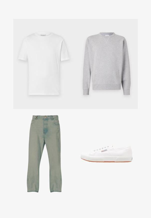 Sweatshirt gris en tissu doux, avec un col rond, des manches longues, des poignets côtelés et un ourlet droit. Aucune motif ni graphique visible.; T-shirt blanc à manches courtes en coton. Présente un col rond et un ourlet droit. Sans motifs ni embellissements. Design simple.; Jean droit bleu clair avec bouton à l'avant, passants pour ceinture et poches avant, présenté sur un fond blanc.; Baskets en toile blanches avec une semelle en caoutchouc, design à lacets et une petite étiquette logo sur le côté. Tige blanche texturée et semelle extérieure marron.