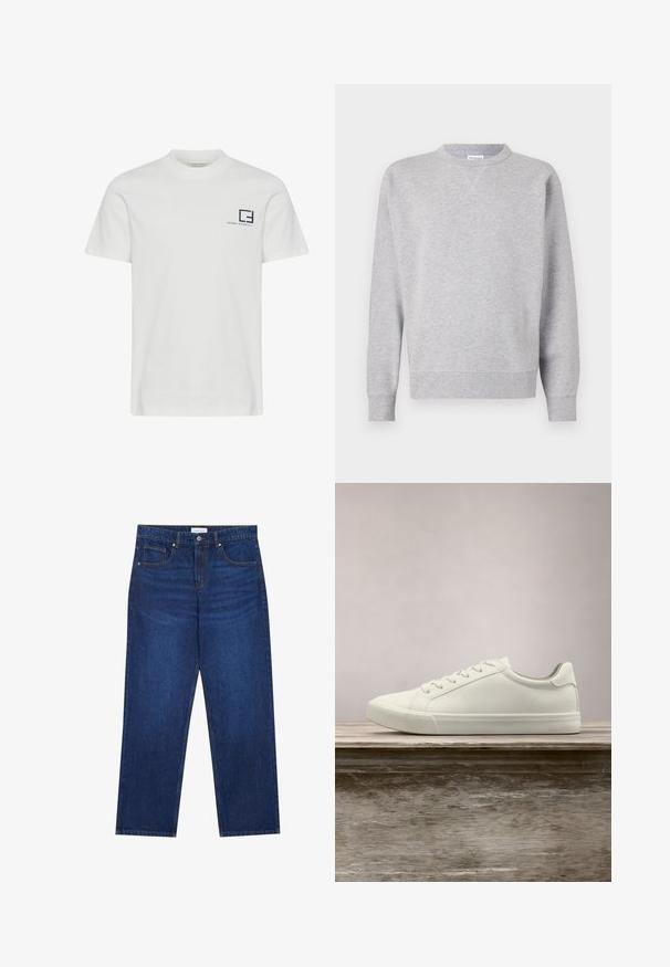 Sweatshirt gris en tissu doux, avec un col rond, des manches longues, des poignets côtelés et un ourlet droit. Aucune motif ni graphique visible.; T-shirt en coton blanc avec un col rond et des manches courtes. Présente un logo graphique bleu marine et du texte sur la partie gauche de la poitrine.; Jean en denim bleu foncé avec une coupe droite, équipé d'une fermeture boutonnée et à zip, de cinq poches et de détails de couture visibles.; Sneaker en dentelle blanche flottant au-dessus d'un banc en bois avec un feuillage vert en arrière-plan, mettant en valeur le design et la texture de la chaussure.
