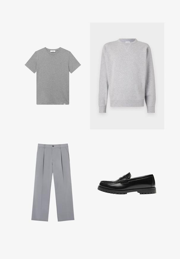 Grå sweatshirt lavet af blødt stof, med rund halsudskæring, lange ærmer, ribbede manchetter og lige kant. Ingen synlige mønstre eller grafik.; Grå kortærmet t-shirt lavet af en bomuldsblanding. Har en rund halsudskæring og en lille logo detalje på venstre forsiden.; Grå plisserede bukser med en afslappet pasform, lavet af et letvægtsstof. Har forlommer og en knaplukning i taljen.; Sort læderloafer med en kraftig gummisål og klassiske penny-strap detaljer, vist fra ydersiden.
