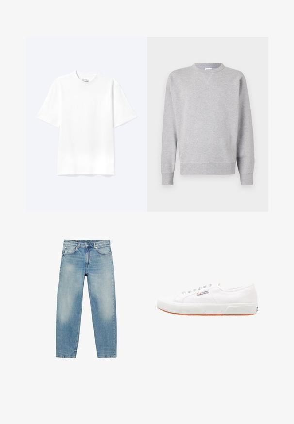 Sweatshirt gris en tissu doux, avec un col rond, des manches longues, des poignets côtelés et un ourlet droit. Aucune motif ni graphique visible.; T-shirt blanc uni à manches courtes et col rond avec une coupe décontractée, présenté sur un fond clair.; Jean droit en denim bleu avec poches avant et passants de ceinture, présentant des détails légèrement décolorés sur les cuisses et les genoux.; Baskets en toile blanches avec une semelle en caoutchouc, design à lacets et une petite étiquette logo sur le côté. Tige blanche texturée et semelle extérieure marron.