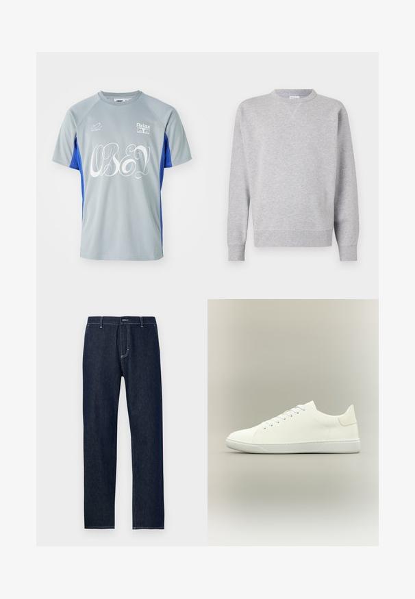 Sudadera gris hecha de tela suave, con cuello redondo, mangas largas, puños acanalados y dobladillo recto. Sin patrones ni gráficos visibles.; Camiseta deportiva de manga corta en gris y azul. Presenta "OBEY" en blanco en un estilo de escritura fluido, con logotipos en el pecho y la manga. Fabricada con tejido ligero.; Jeans de mezclilla azul oscuro con un diseño de pierna recta, que cuentan con costuras amarillas en contraste y un diseño clásico de cinco bolsillos.; Zapatilla blanca de corte bajo con cordones, parte superior de cuero liso y suela plana de goma sobre un fondo neutro.