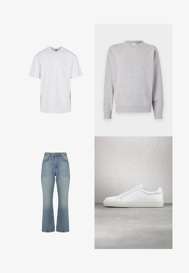 Sweatshirt gris en tissu doux, avec un col rond, des manches longues, des poignets côtelés et un ourlet droit. Aucune motif ni graphique visible.; T-shirt blanc uni à manches courtes avec col rond et coupe décontractée, présenté sur fond blanc.; Jean en denim bleu clair taille haute, coupe droite, fermeture par boutons devant, passants de ceinture et deux poches avant.; Sneaker blanche avec une tige en cuir lisse et un profil bas. Présente un bout arrondi, six œillets et une semelle en caoutchouc texturé.