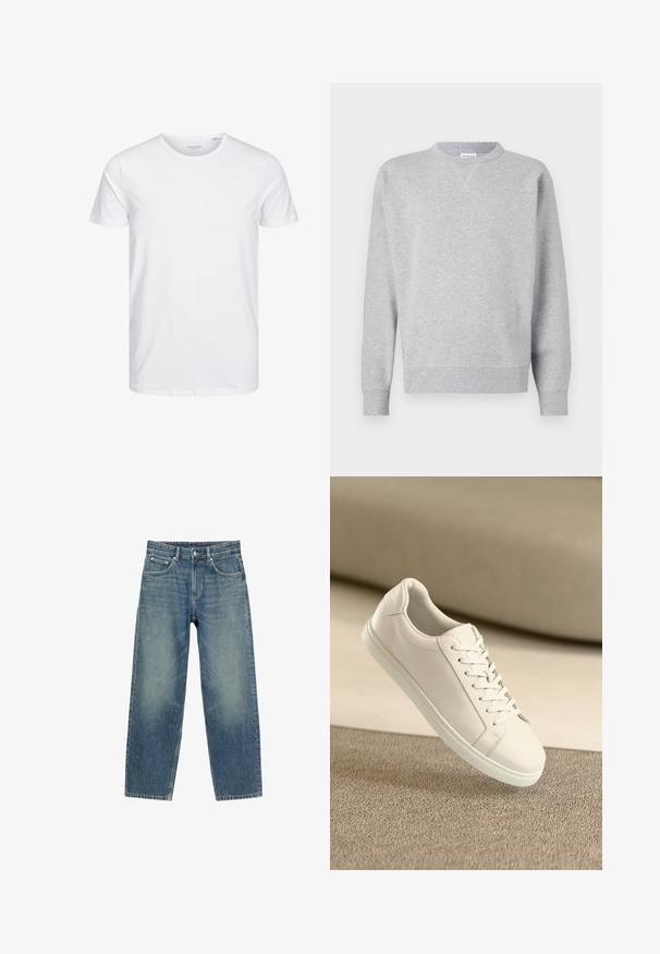 Sweatshirt gris en tissu doux, avec un col rond, des manches longues, des poignets côtelés et un ourlet droit. Aucune motif ni graphique visible.; T-shirt à col rond à manches courtes de couleur blanche unie, fabriqué en coton doux, avec un design simple sans motifs ni accents visibles.; Jean en denim bleu coupe droite avec poches avant, passants de ceinture et fermeture par bouton, présenté sur fond blanc.; Baskets en cuir blanc avec des lacets blancs, exposées sur une surface beige texturée et avec un arrière-plan flou doux.