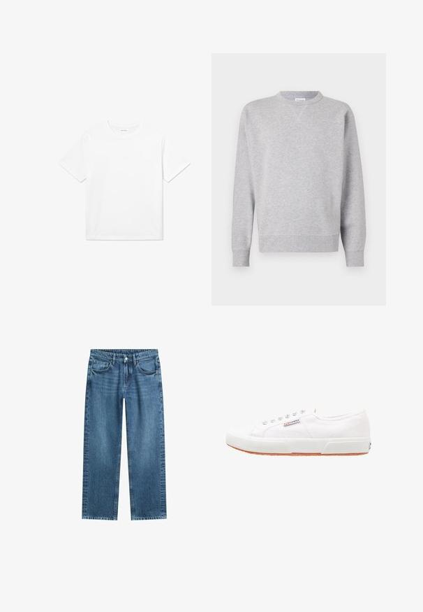 Grijze sweatshirt van zacht materiaal, met een ronde hals, lange mouwen, geribbelde manchetten en een rechte zoom. Geen zichtbare patronen of grafische elementen.; Witte katoenen T-shirt met korte mouwen, een ronde halslijn en een rechte zoom. Glad textuur zonder zichtbare patronen of accenten.; Rechte blauwe denim jeans met klassiek ontwerp met vijf zakken en knoopsluiting op een witte achtergrond.; Witte canvas sneakers met een rubberen zool, vetersluiting en een klein logolabel aan de zijkant. Gewreven wit bovenwerk en een bruine zool.