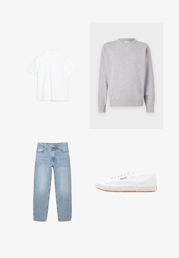 Sweatshirt gris en tissu doux, avec un col rond, des manches longues, des poignets côtelés et un ourlet droit. Aucune motif ni graphique visible.; T-shirt en coton blanc avec des manches courtes, col rond, coupe droite. Texture lisse, sans motifs ni accents visibles. Design simple et minimal.; Jean en denim bleu clair, coupe ample, taille haute, design à cinq poches, braguette à boutons et zip, jambes droites avec un ourlet légèrement effiloché.; Baskets en toile blanches avec une semelle en caoutchouc, design à lacets et une petite étiquette logo sur le côté. Tige blanche texturée et semelle extérieure marron.
