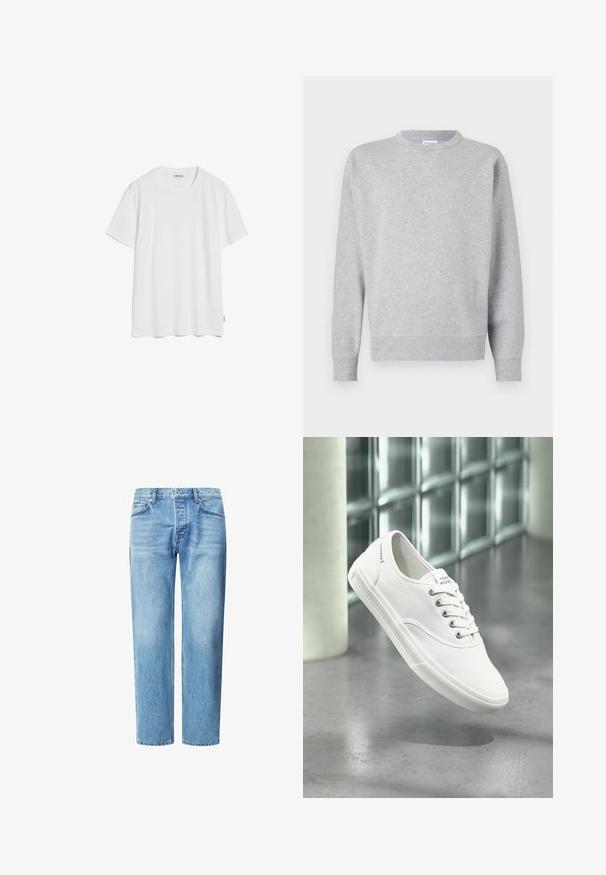 Grijze sweatshirt van zacht materiaal, met een ronde hals, lange mouwen, geribbelde manchetten en een rechte zoom. Geen zichtbare patronen of grafische elementen.; Witte katoenen T-shirt met korte mouwen, een ronde halslijn en een rechte zoom. Geen zichtbare patronen of logo's. Zachte textuur.; Lichtblauwe denim jeans met een rechte pijp, vijf zakken en een klassieke knoop- en ritssluiting. Fijne vervagingstekstuur over het geheel.; Witte lage canvas sneaker met veters, met label Tommy Hilfiger, getoond zwevend boven een gladde grijze vloer nabij een muur van glasblokken.