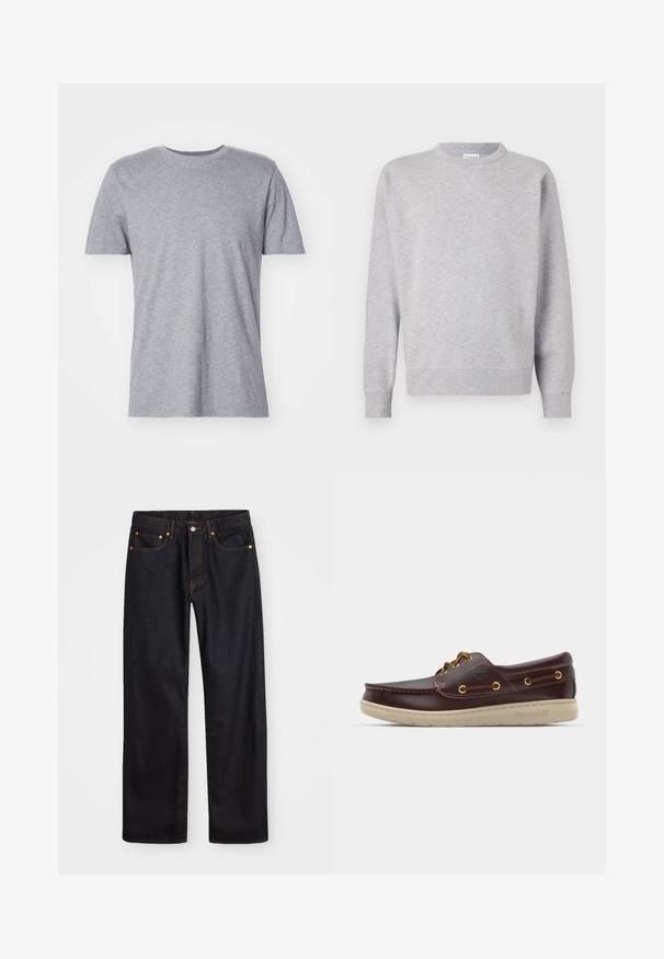 Grå sweatshirt lavet af blødt stof, med rund halsudskæring, lange ærmer, ribbede manchetter og lige kant. Ingen synlige mønstre eller grafik.; Grå, kortærmet t-shirt lavet af en bomuldsblanding, der har en klassisk crew neckline og en glat, blød tekstur.; Mænds lige ben sorte denim jeans med fem lommer og orange syninger, knap- og lynlåslukning foran på taljen.; Brun læder bådsko med lav profil, beige gummisål, gyldne øjerne og syede detaljer på overdelen. Timberland-logoet er synligt.