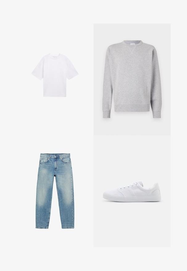 Grijze sweatshirt van zacht materiaal, met een ronde hals, lange mouwen, geribbelde manchetten en een rechte zoom. Geen zichtbare patronen of grafische elementen.; Witte T-shirt met korte mouwen van katoen. Ontspannen pasvorm met een ronde hals. Glad materiaal zonder zichtbare patronen of accenten.; Jeans met rechte pijpen van blauwe denim, met voorzakken en riemlussen, met lichte vervaagde details op dijen en knieën.; Witte canvas sneakers met een rubberen zool, voorzien van zes oogjes, een gestructureerde neuskap en een minimalistisch ontwerp.