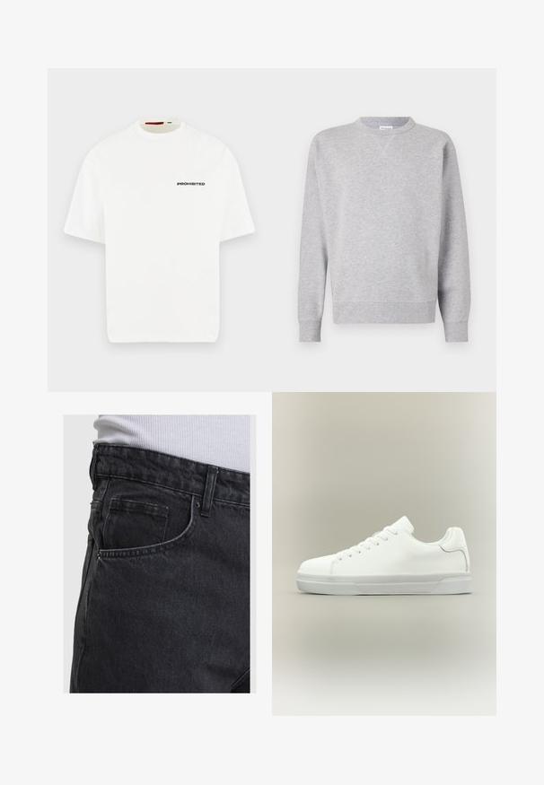 Sweatshirt gris en tissu doux, avec un col rond, des manches longues, des poignets côtelés et un ourlet droit. Aucune motif ni graphique visible.; T-shirt blanc à manches courtes avec col rond et le mot « PROHIBITED » imprimé en petites lettres noires sur la poitrine gauche.; Jean denim noir avec poche avant visible et passants de ceinture, porté avec un t-shirt blanc côtelé rentré à la taille.; Baskets basses blanches à lacets, doté d'un col rembourré et d'une semelle en caoutchouc texturée, présentées de profil sur un fond neutre.