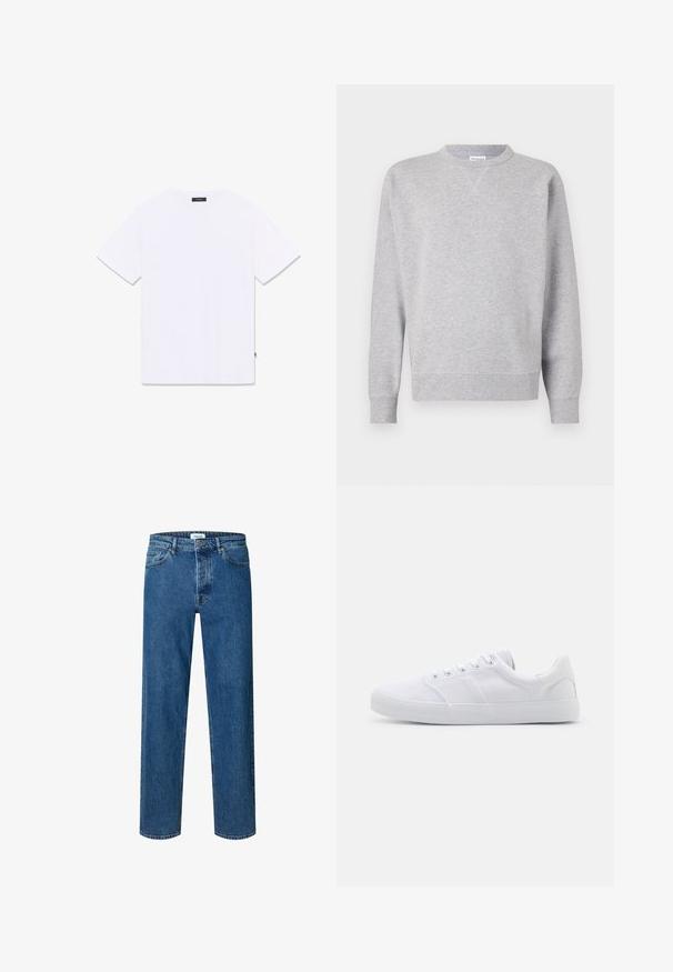 Grijze sweatshirt van zacht materiaal, met een ronde hals, lange mouwen, geribbelde manchetten en een rechte zoom. Geen zichtbare patronen of grafische elementen.; Witte T-shirt met korte mouwen en een ronde hals, plat liggend getoond van achteren, met een klein zwart label bij de hals en zijnaad.; Blauwe straight-leg denim jeans met knoop- en ritssluiting, ceintuurlussen en een vijfzakkenontwerp.; Witte canvas sneakers met een rubberen zool, voorzien van zes oogjes, een gestructureerde neuskap en een minimalistisch ontwerp.