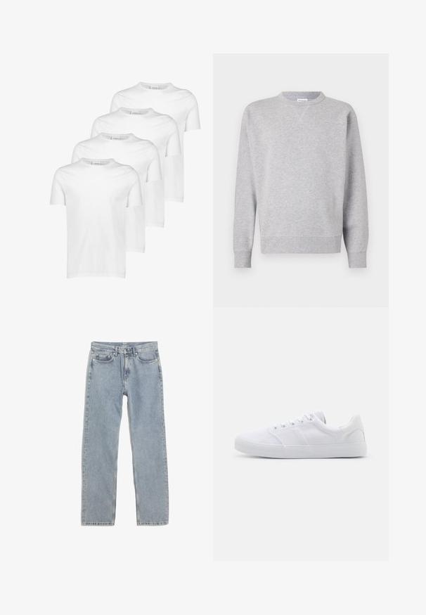 Grå sweatshirt lavet af blødt stof, med rund halsudskæring, lange ærmer, ribbede manchetter og lige kant. Ingen synlige mønstre eller grafik.; Hvide bomulds T-shirts, kortærmede, rund halsudskæring, glat tekstur, stableret i fire stykker med ensartet design uden mønstre eller accenter.; Lysblå lige ben jeans lavet af denim, med fem lommer, gyldne sting og en talje med bæltesløjfer.; Hvide lærreds sneakers med gummisål, der har seks snørehuller, en struktureret tåkap og et minimalistisk design.