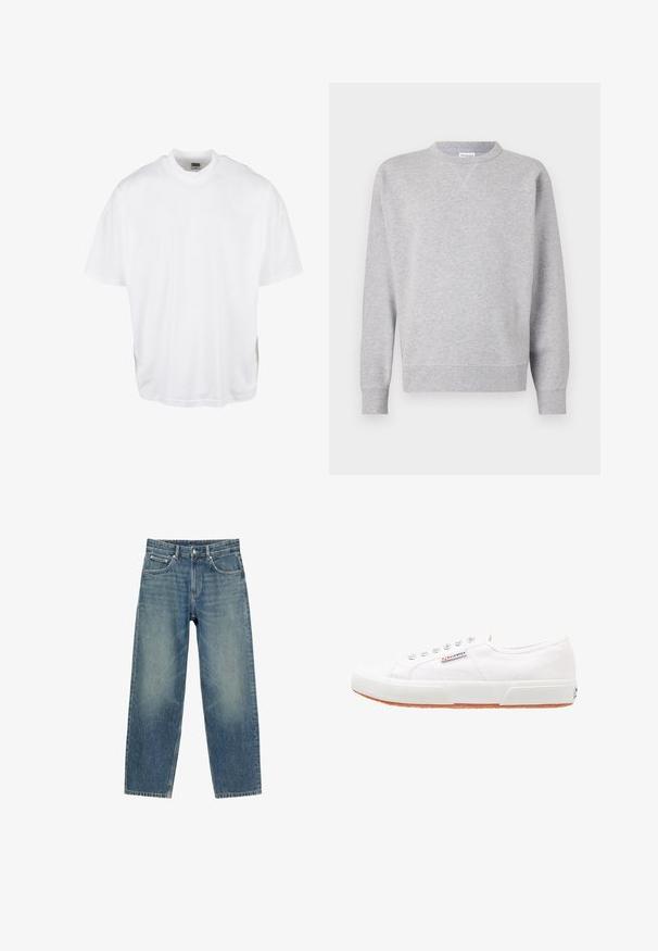 Sweatshirt gris en tissu doux, avec un col rond, des manches longues, des poignets côtelés et un ourlet droit. Aucune motif ni graphique visible.; T-shirt en coton blanc avec une coupe décontractée, des manches courtes et un col rond, présentant un ourlet droit et sans graphiques ni motifs visibles.; Jean en denim bleu coupe droite avec poches avant, passants de ceinture et fermeture par bouton, présenté sur fond blanc.; Baskets en toile blanches avec une semelle en caoutchouc, design à lacets et une petite étiquette logo sur le côté. Tige blanche texturée et semelle extérieure marron.