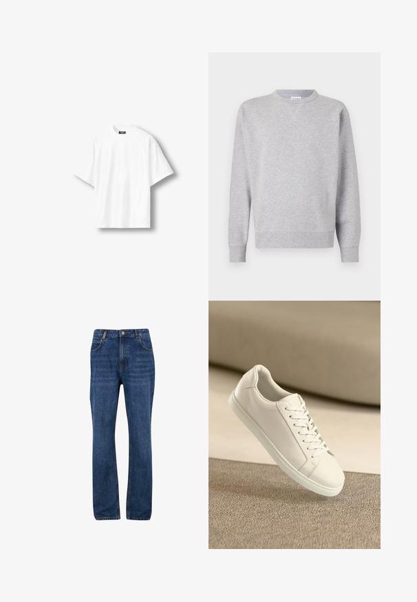 Sudadera gris hecha de tela suave, con cuello redondo, mangas largas, puños acanalados y dobladillo recto. Sin patrones ni gráficos visibles.; Camiseta blanca lisa de manga corta, de corte holgado, con cuello redondo y etiqueta negra en el interior del cuello trasero, exhibida sobre un fondo claro.; Vaqueros de denim en azul oscuro con corte recto, que cuentan con bolsillos frontales, pasadores para cinturón y una cremallera con cierre de botón.; Zapatilla de cuero blanca con cordones blancos, exhibida sobre una superficie texturizada beige y un suave fondo desenfocado.