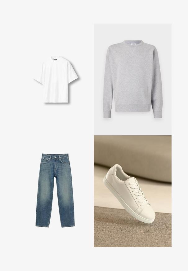 Grijze sweatshirt van zacht materiaal, met een ronde hals, lange mouwen, geribbelde manchetten en een rechte zoom. Geen zichtbare patronen of grafische elementen.; Effen wit oversized T-shirt met korte mouwen en een ronde hals, met een zwart label aan de binnenkant van de achterkant van de kraag, getoond op een lichte achtergrond.; Blauwe rechte spijkerbroek met voorzakken, riemlussen en knoopsluiting, getoond tegen een witte achtergrond.; Witte leren sneaker met witte veters, weergegeven op een beige textuurovervlak en een zacht vervaagd achtergrond.