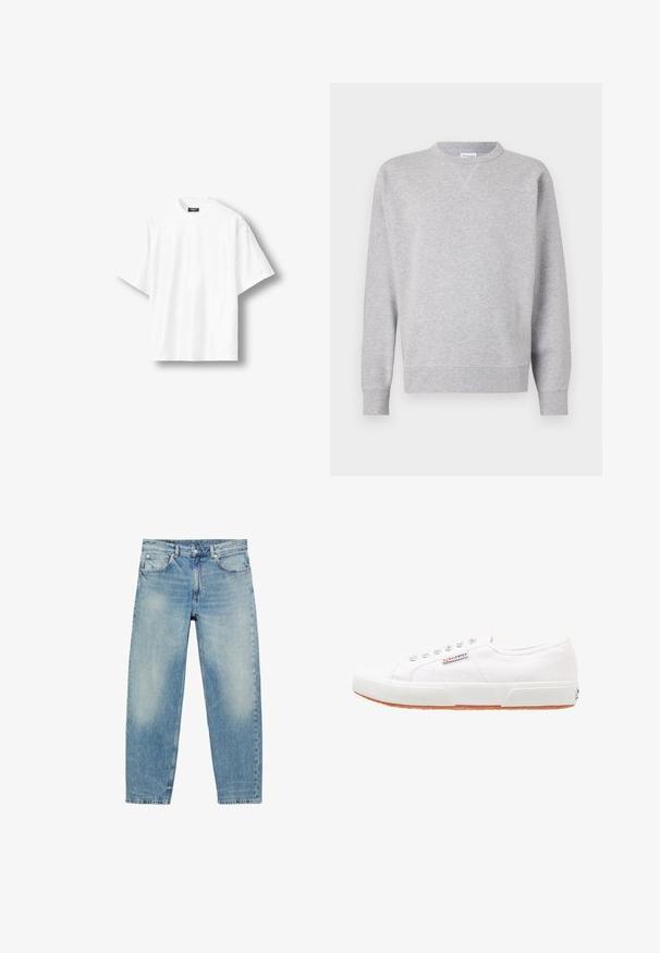 Sweatshirt gris en tissu doux, avec un col rond, des manches longues, des poignets côtelés et un ourlet droit. Aucune motif ni graphique visible.; T-shirt blanc uni à manches courtes, coupe ample, col rond et étiquette noire à l'intérieur du col arrière, présenté sur un fond clair.; Jean droit en denim bleu avec poches avant et passants de ceinture, présentant des détails légèrement décolorés sur les cuisses et les genoux.; Baskets en toile blanches avec une semelle en caoutchouc, design à lacets et une petite étiquette logo sur le côté. Tige blanche texturée et semelle extérieure marron.