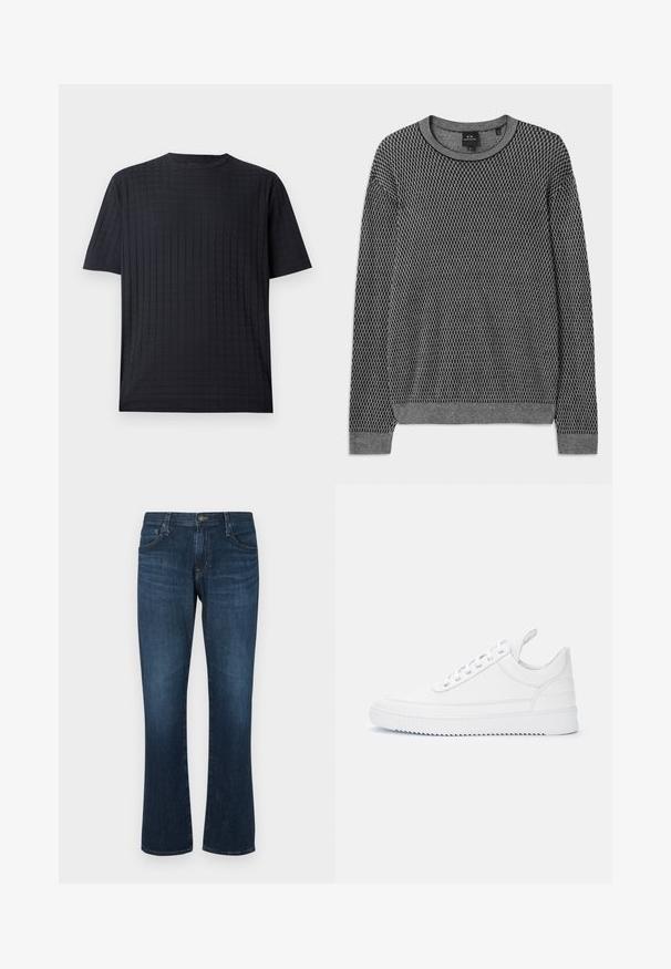 Grå strikket sweater med et tekstureret mønster, rund halsudskæring og ribbede manchetter. Lavet af et blødt, let materiale.; Sort kortærmet t-shirt med et struktureret gittermønster, rund halsudskæring og en afslappet pasform. Lavet af et blødt, let stof.; Mørkeblå denimjeans med lige ben-design, fem lommer og metalknap-lukning. Glat tekstur med subtil falming.; Hvid lav sneaker med snørelukning, syninger, trækkehank på hælen og rillede sål på ensartet lyst baggrund.