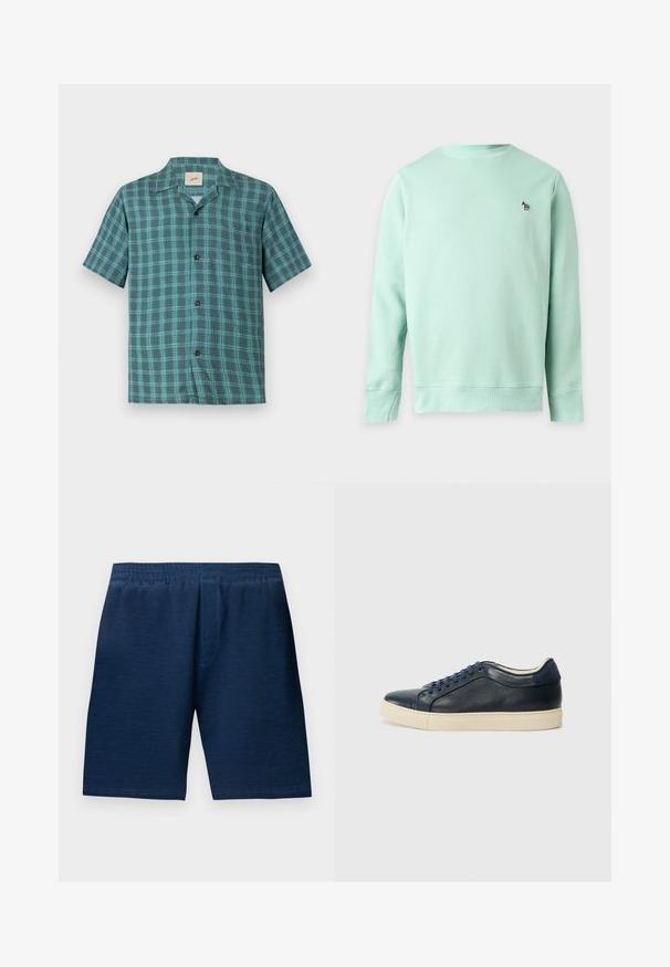 Sweat-shirt vert clair à manches longues avec encolure ronde et petit logo zèbre brodé sur la poitrine gauche.; Chemise à manches courtes en tartan teal et vert foncé, dotée d'une fermeture à boutons, d'une poche poitrine unique et d'un tissu doux à la texture lisse.; Shorts bleu marine en tissu doux, avec une ceinture élastique et une coupe droite. Sans poches ni ornements apparents.; Baskets en cuir bleu marine avec semelle en caoutchouc crème, dotées de lacets bleus et d'une texture lisse. Bout arrondi et design minimaliste.