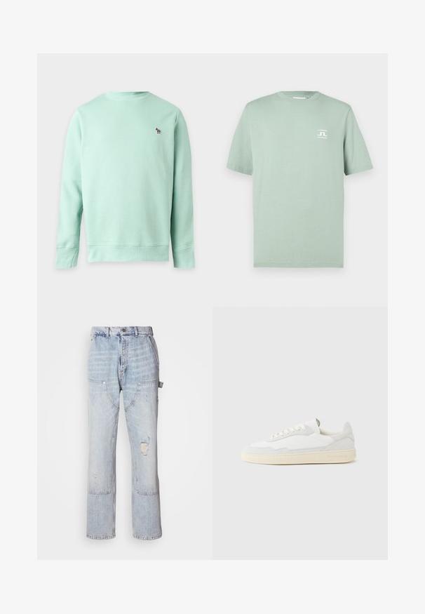 Sudadera de manga larga verde claro con cuello redondo y pequeño logo de cebra bordado en el lado izquierdo del pecho.; Camiseta de manga corta color verde claro con pequeño logo blanco "J.LINDEBERG STOCKHOLM" en el pecho izquierdo, cuello redondo, diseño liso.; Jeans de carpintero de mezclilla azul claro con múltiples bolsillos, cierre de botón frontal y cremallera, y detalle desgastado en el muslo derecho.; Zapatilla blanca con parte superior texturizada de ante y cuero. Presenta una puntera redondeada, cierre con cordones y suela de goma beige contrastante.