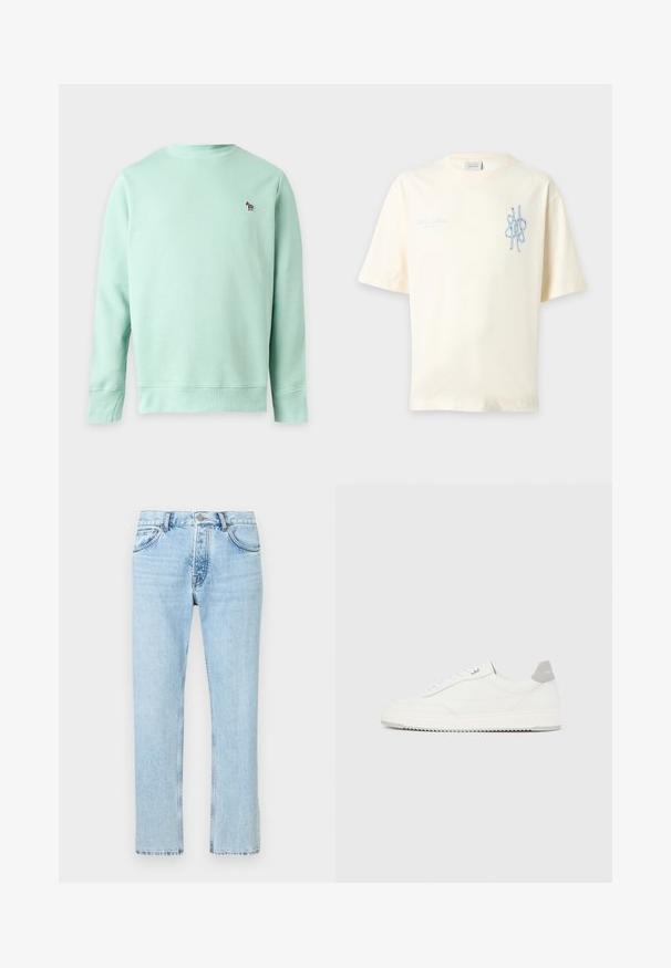 Sweat-shirt vert clair à manches longues avec encolure ronde et petit logo zèbre brodé sur la poitrine gauche.; T-shirt écru à manches courtes avec un motif abstrait bleu clair et un petit texte en cursive sur la poitrine gauche.; Jean en denim bleu clair à coupe droite, doté d'un design à cinq poches, de passants pour ceinture et d'une braguette zippée avec une fermeture par bouton en métal.; Baskets basses blanches avec un onglet de talon gris, des lacets blancs et une semelle texturée, présentées sur un fond uni clair.