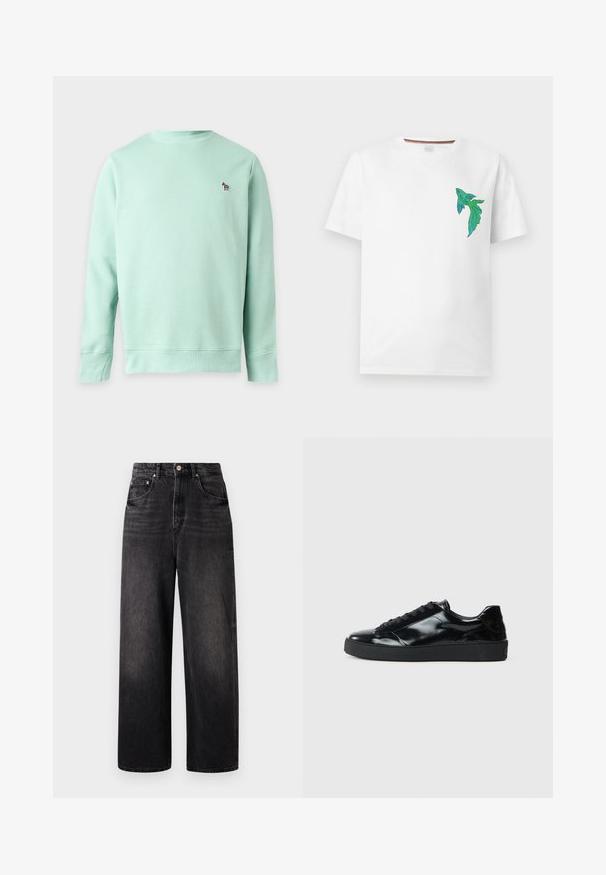 Lichtgroene longsleeve sweater met ronde hals en klein geborduurd zebra-logo op de linkerborst.; Wit T-shirt met korte mouwen met een kleine groen-blauwe abstracte vogelafbeelding op de linkerborst.; Zwarte denim jeans met een losse pasvorm, hoge taille, vijf zakken en een opvallende knoopsluiting. Heeft subtiele vervaging en een recht gesneden ontwerp.; Zwarte gepatenteerde leren sneakers met een ronde neus, vetersluiting, een gestructureerde rubberen zool en een glanzende afwerking.