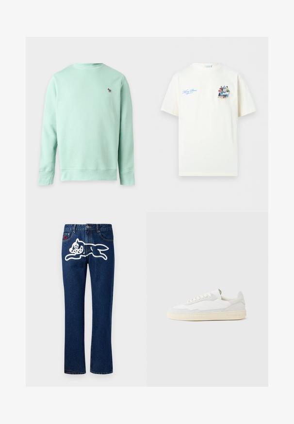 Lysegrøn langærmet sweatshirt med rund halsudskæring og lille broderet zebra-logo på venstre bryst.; Hvid T-shirt med korte ærmer og blå tekst "Filling Pieces Breaking Bread" samt en lille grafik af forskellige mennesker, der sidder omkring et bord.; Blå denim jeans med lige ben, der har et stort hvidt grafisk motiv af et springende væsen på den bageste lomme. Standard femlomme-design.; Hvid sneakers med en øvre del i tekstureret ruskind og læder. Har rundet tå, snørelukning og kontrasterende beige gummisål.