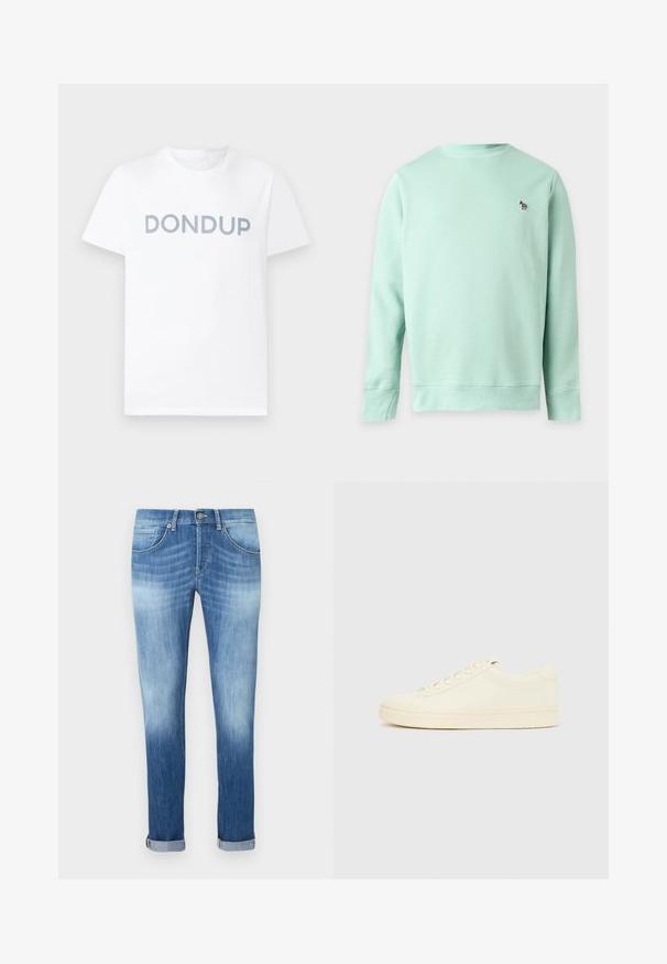 Sweat-shirt vert clair à manches longues avec encolure ronde et petit logo zèbre brodé sur la poitrine gauche.; T-shirt blanc à manches courtes avec col rond et texte "DONDUP" gris clair imprimé sur la poitrine, présenté sur un fond uni.; Jean slim bleu avec revers roulés, bouton à l'avant et détails de coutures sur les poches, présentant un effet délavé sur les cuisses et le bas des jambes.; Baskets couleur crème avec une tige en cuir lisse, bout arrondi, laçage à l'avant et semelle en caoutchouc texturée. Design minimaliste, sans logo.