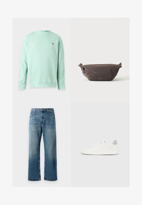 Sweat-shirt vert clair à manches longues avec encolure ronde et petit logo zèbre brodé sur la poitrine gauche.; Jeans oversize bleu clair avec un délavage, featuring une fermeture à un bouton, cinq poches et des coutures contrastées.; Baskets basses blanches avec un onglet de talon gris, des lacets blancs et une semelle texturée, présentées sur un fond uni clair.; Sac banane en tissu marron foncé avec poche zippée en diagonale et petit logo blanc sur le devant, sur un fond clair uni.