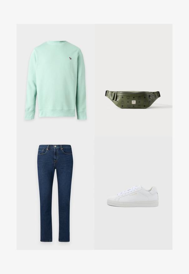 Lysegrøn langærmet sweatshirt med rund halsudskæring og lille broderet zebra-logo på venstre bryst.; Mørkeblå denimjeans med lige ben, der har en klassisk fem-lomme stil og en knaplukning i taljen.; Hvide sneakers i lav model og læder med rund snude, flade snørebånd, tekstureret sål og diskret guldfarvet logo på siden. Glat overflade og minimalistisk design.; Olivengrøn tekstureret læder talletaske med sorte logoer, sølv lynlås, dobbelt lynlåstræk og central sølv brandplade.