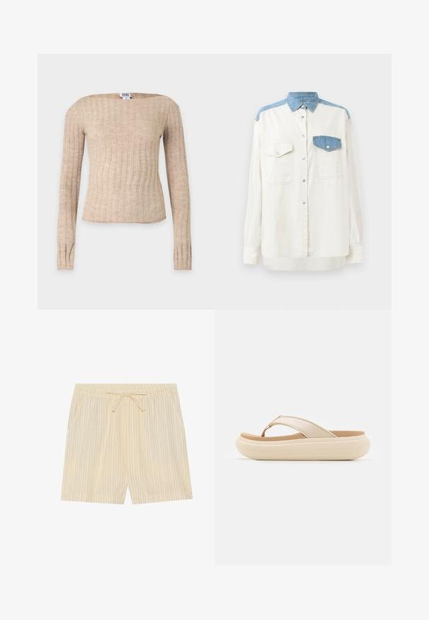 Beige ribstrikket langærmet sweater med bådhalsudskæring, slim pasform og et lille BDG-mærke indeni kraven.; Langærmet cremet skjorte med denimkrave og skulderdetaljer, der har to forreste knaplommer og metaltryklåse ned langs midten.; Cremefarvede shorts med et struktureret stribet mønster, elastisk talje, snøre og to sidelommer.; Beige flip-flop sandal med en bred tåstrop og en tyk, rund sål. Har et glat overmateriale og en kontrasterende brun fodseng.