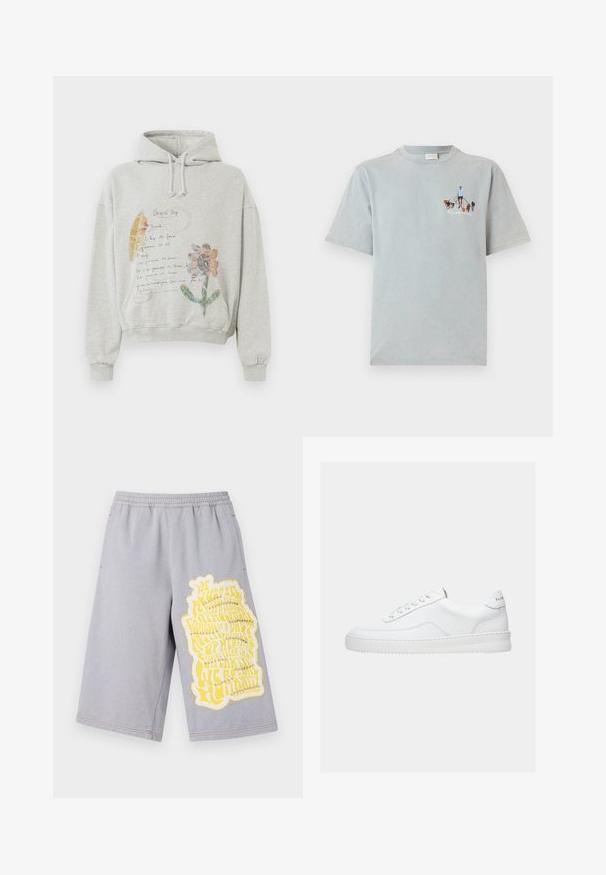Grå hættetrøje med en rummelig hætte og snoretræk. Har blomster- og håndskrevne grafikker i farver som pink og gul på forsiden.; Lyseblå bomulds t-shirt med korte ærmer og rund hals, med et grafisk design af en person, der går med hunde på fronten.; Grå bomuldsshorts med elastisk talje, udstyret med et stort gult grafisk tryk og slidte kanter på venstre ben.; Hvid lavt sneaker med snørelukning, glat læderoverdel og tyk sål, vist fra siden på en ensfarvet baggrund.