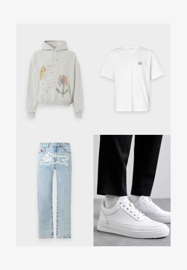 Grijze hoodie met een ruime capuchon en koordjes. Heeft florale en handgeschreven graphics in kleuren zoals roze en geel aan de voorkant.; Witte t-shirt van katoen met korte mouwen, een ronde hals, en een klein grijs logo op de linker borstzijde. Soepele textuur.; Icecream RUNNING DOG PANT - Straight leg jeans - heavy wash blue; Witte leren sneakers met een platte rubberen zool, met een soepele afwerking, ronde neus en metalen oogjes voor de veters. Draag ze met een zwarte broek.