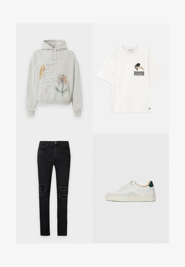 Grauer Kapuzenpullover mit einer geräumigen Kapuze und Kordeln. Vorn sind florale und handgeschriebene Drucke in Farben wie Rosa und Gelb abgebildet.; Weißes Baumwoll-T-Shirt mit einem pixelierten Grafik eines Charakters und dem Text "NAKED PHOTOS PROHIBITED" auf der linken Seite. Kurze Ärmel.; Schwarze Jeans aus Denim mit schlanker Passform, die an den Knien ausgefranste Risse, tonale Nähte und einen klassischen Knopf- und Reißverschluss haben.; Weiße Sneaker mit Wildlederelementen, runder Zehenpartie, flachen Schnürsenkeln und einer cremefarbenen Gummisohle. Mit grünen Markenlogo am Fersenbereich.
