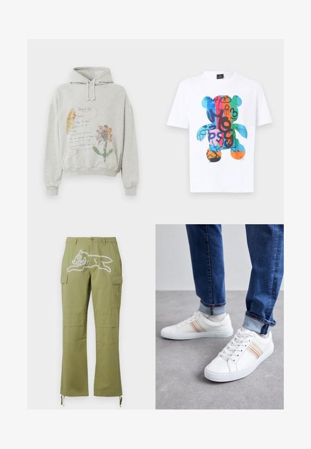 Grå hættetrøje med en rummelig hætte og snoretræk. Har blomster- og håndskrevne grafikker i farver som pink og gul på forsiden.; Hvid T-shirt med korte ærmer og stort farverigt graffiti-inspireret motiv af en teddybjørn på forsiden, med nuancer af blå, rød, grøn og orange.; Icecream RUNNING DOG PANTS - Cargobukser - green; Hvide lædersneakers med multicolore striber, snørebåndsdesign, gummisål og polstret krave, parret med blå denimjeans.
