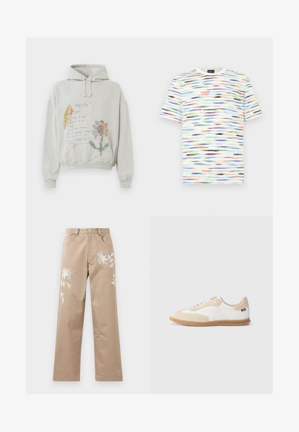 Grå hættetrøje med en rummelig hætte og snoretræk. Har blomster- og håndskrevne grafikker i farver som pink og gul på forsiden.; Multifarvet T-shirt med horisontale penselstrøgsmønstre i nuancer af blå, orange, grøn og sort på en hvid baggrund. Kortærmet.; Beige bomuldsbukser med lige ben, der har hvid blomsterbroderi foran og almindelige lommer.; Hvid sneaker med lysebeige ruskindsdetaljer, perforeret detaljering, flade snørebånd og sål i gummigummi. Indeholder stribet branding på hælen.