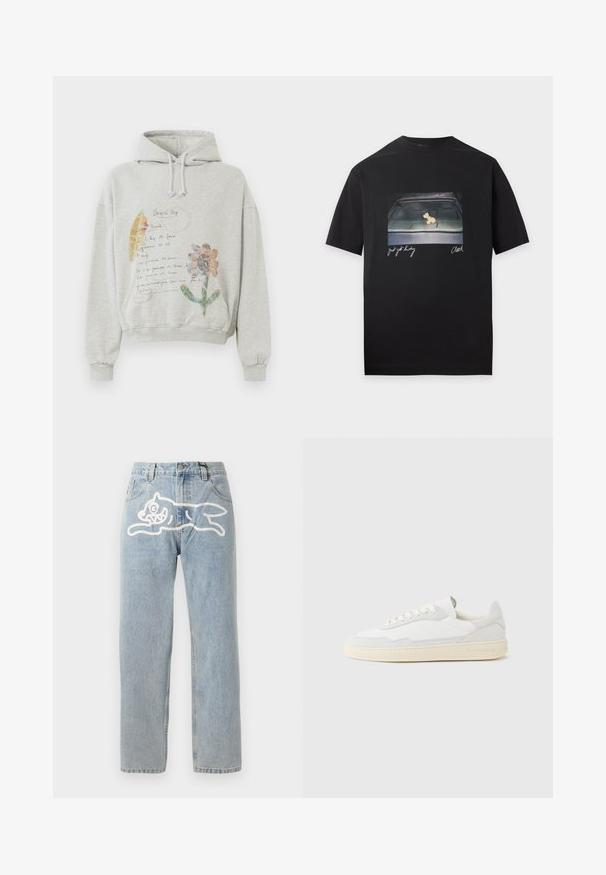 Grijze hoodie met een ruime capuchon en koordjes. Heeft florale en handgeschreven graphics in kleuren zoals roze en geel aan de voorkant.; Zwart t-shirt met een foto van een auto-dashboard met een klein hondenbeeldje en handgeschreven tekst met de inhoud "Just get lucky" en "Clawed."; Lichtblauwe denim jeans met een rechte snit, met een groot wit grafisch ontwerp van een kat op de achterkant. Klassiek vijfzakken ontwerp.; Witte sneaker met een bovenwerk van gestructureerd suède en leer. Voorzien van een afgeronde neus, vetersluiting en een contrasterende beige rubberen zool.