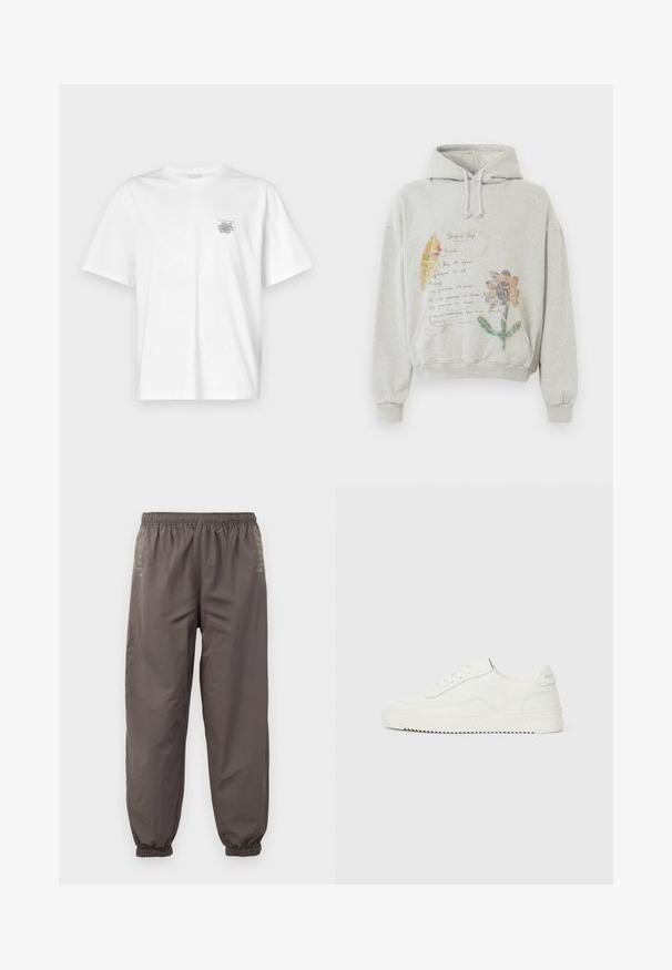 Sweatshirt gris avec une capuche spacieuse et des cordons. Présente des graphiques floraux et manuscrits dans des couleurs comme le rose et le jaune sur le devant.; T-shirt blanc en coton avec des manches courtes, un col ras du cou et un petit logo gris sur la partie gauche de la poitrine. Texture lisse.; Pantalons gris foncé à taille élastique avec une coupe décontractée. Présentent des poignets froncés et une broderie subtile sur les côtés. Tissu léger.; Baskets basses en cuir blanc avec fermeture à lacets, languette de talon texturée et semelle en caoutchouc blanc légèrement rainurée sur un fond clair uni.