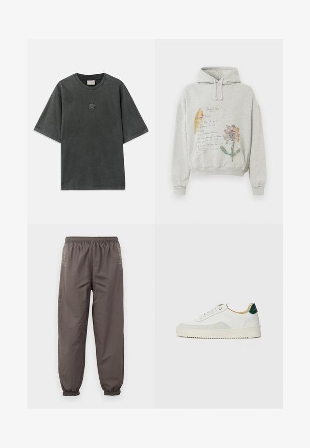 Grauer Kapuzenpullover mit einer geräumigen Kapuze und Kordeln. Vorn sind florale und handgeschriebene Drucke in Farben wie Rosa und Gelb abgebildet.; Dunkelgraues oversized T-Shirt mit kurzen Ärmeln, Rundhalsausschnitt und kleinem bestickten Knotendesign mittig auf der Brust.; Dunkelgraue, elastische Hosen mit lockerer Passform. Mit gerafften Bündchen und dezentem Stickerei an den Seiten. Leichter Stoff.; Weiße Sneaker mit Wildlederelementen, runder Zehenpartie, flachen Schnürsenkeln und einer cremefarbenen Gummisohle. Mit grünen Markenlogo am Fersenbereich.