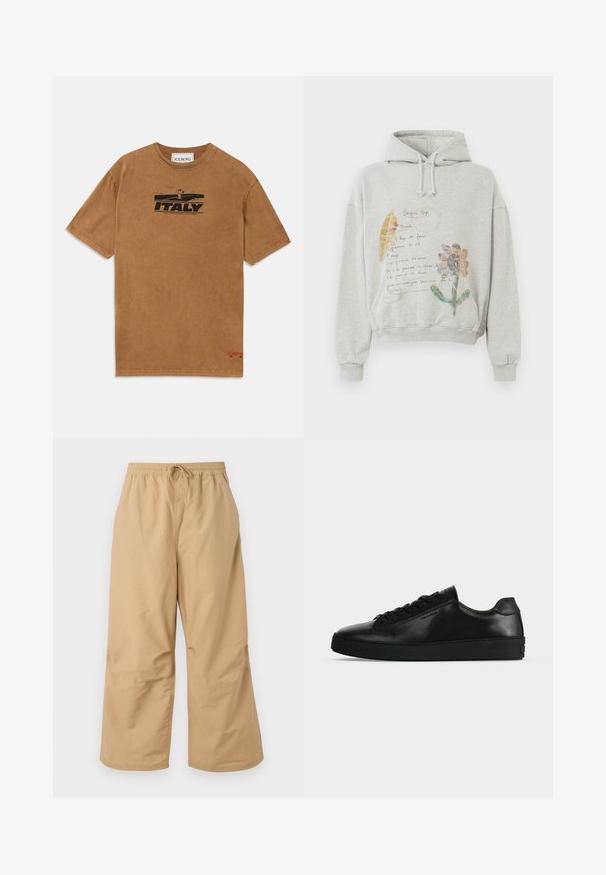 Sweatshirt gris avec une capuche spacieuse et des cordons. Présente des graphiques floraux et manuscrits dans des couleurs comme le rose et le jaune sur le devant.; T-shirt en coton marron avec un imprimé graphique noir portant le texte "ITALIE". Conception à col ras du cou avec des manches courtes et un détail de logo sur l'ourlet.; Pantalons larges beiges en tissu léger, avec une taille élastique dotée d'un cordon de serrage et des accents cousus près de l'ourlet.; Basket basse en cuir noir avec lacets noirs et semelle épaisse noire, vue de profil sur fond gris clair.