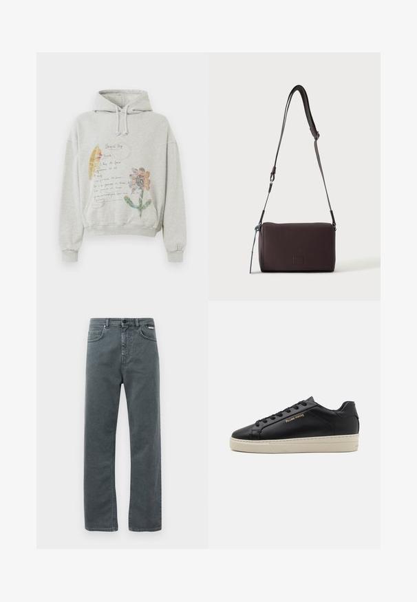 Sweatshirt gris avec une capuche spacieuse et des cordons. Présente des graphiques floraux et manuscrits dans des couleurs comme le rose et le jaune sur le devant.; Jean en denim gris avec une coupe droite, cinq poches et une fermeture à bouton. Présente des coutures discrètes et un design classique et minimal.; Sneaker en cuir noir avec une finition lisse, semelle crème contrastante, bout arrondi, logo doré sur le côté et six œillets pour les lacets.; Sac bandoulière en cuir marron foncé texturé avec une sangle réglable et un petit accent décoratif bleu sur le côté.