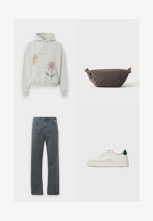 Grauer Kapuzenpullover mit einer geräumigen Kapuze und Kordeln. Vorn sind florale und handgeschriebene Drucke in Farben wie Rosa und Gelb abgebildet.; Graue Jeans aus Denim mit geradem Bein, fünf Taschen und Knopfverschluss. Verfügt über dezente Nähte und ein klassisches, minimalistisches Design.; Weiße Sneaker mit Wildlederelementen, runder Zehenpartie, flachen Schnürsenkeln und einer cremefarbenen Gummisohle. Mit grünen Markenlogo am Fersenbereich.; Dunkelbraune Stoff-Gürteltasche mit diagonalem Reißverschlussfach und kleinem weißen Logo vorne, vor einem einfarbigen hellen Hintergrund.