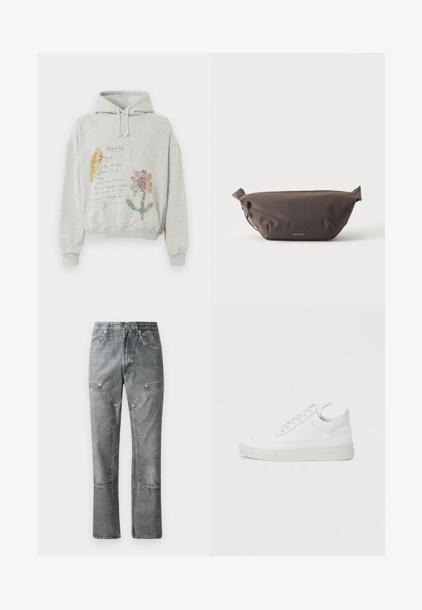 Sweatshirt gris avec une capuche spacieuse et des cordons. Présente des graphiques floraux et manuscrits dans des couleurs comme le rose et le jaune sur le devant.; Jean en denim gris à coupe droite, avec poches avant, coutures visibles et finition décolorée. Le matériau a une texture lisse.; Baskets en cuir blanc avec un embout arrondi, une semelle plate et un laçage à l'avant. Présentent des détails de couture et un col rembourré pour plus de confort.; Sac banane en tissu marron foncé avec poche zippée en diagonale et petit logo blanc sur le devant, sur un fond clair uni.
