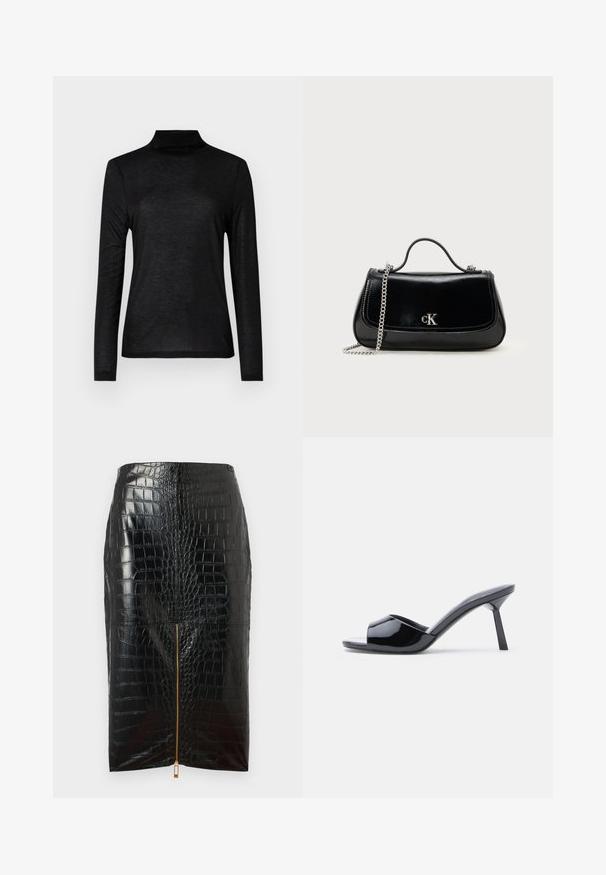 Schwarzes Langarm-Turtleneck-Oberteil aus einem glatten, leichten Stoff. Verfügt über ein enganliegendes Design mit einem hohen Kragen und ohne Muster.; Schwarzer Bleistiftrock aus Kunstleder mit Krokodilstruktur, ausgestattet mit einem zentralen goldenen Reißverschluss und glatter Oberflächenbeschaffenheit.; Schwarze Sandalen mit Absatz aus Lackleder, offenem Zehenbereich, mit geschwungenem Obermaterial und spitz zulaufendem Stilettoabsatz. Glatte, glänzende Oberfläche.; Schwarze Lederhandtasche mit einer Kettenriemen, strukturierter Form und einem silbernen Logo-Akzent. Glatte Textur mit einem Klappenverschluss.