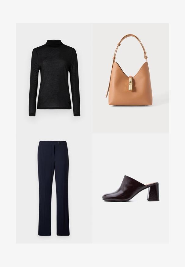 Sort langærmet turtleneck top lavet af et glat, let stof. Har en tætsiddende pasform med en høj halsudskæring og uden mønster.; Marineblå skræddersyede bukser lavet af et glat stof, med flad front, lige ben og en subtil sølvdetalje i taljen.; Mørkebrune lædermules med lukket tå og tyk blokhæl, vist i sideprofil på hvid baggrund.; Lysebrun tekstureret lædertaske med en enkelt rem og en central lås i guldfarve.