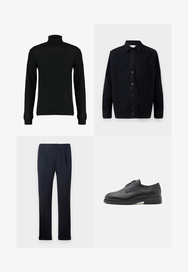 Suéter negro de cuello alto en un tejido de punto suave, con mangas largas y una silueta ajustada. Puños y dobladillo acanalados.; Camisa de lana negra con cuello abotonado, mangas largas y un bolsillo de parche en el lado izquierdo. Textura suave con una sutil suavidad.; Pantalones azul marino de tela suave, con cintura elástica, pliegues en la parte delantera y dobladillos con puños. Textura suave, diseño minimalista.; Zapato oxford de cuero negro con punta redonda, que presenta un acabado suave, cierre de cordones con cinco ojales y un tacón bajo apilado.