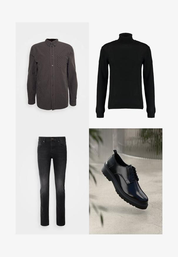 Pull à col roulé noir en tricot lisse, avec des manches longues et une silhouette ajustée. Poignets et ourlet côtelés.; Chemise à manches longues à carreaux bruns et noirs avec un bouton à l'avant, un col pointu et une poche sur la poitrine gauche. Tissu en coton avec une texture lisse.; Jean en denim noir avec une coupe droite, doté d'une fermeture à bouton, de cinq poches et d'un léger effet délavé sur le tissu.; Chaussure en cuir noir avec une finition brillante, bout rond, design à lacets, surpiqûres contrastantes, et semelle épaisse en caoutchouc avec motifs de relief.